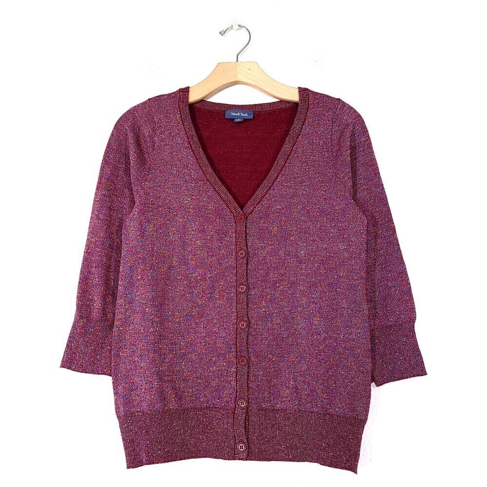NEW Modcloth Charter School Metallic Button Down Cardigan Sweater Burgundy Small